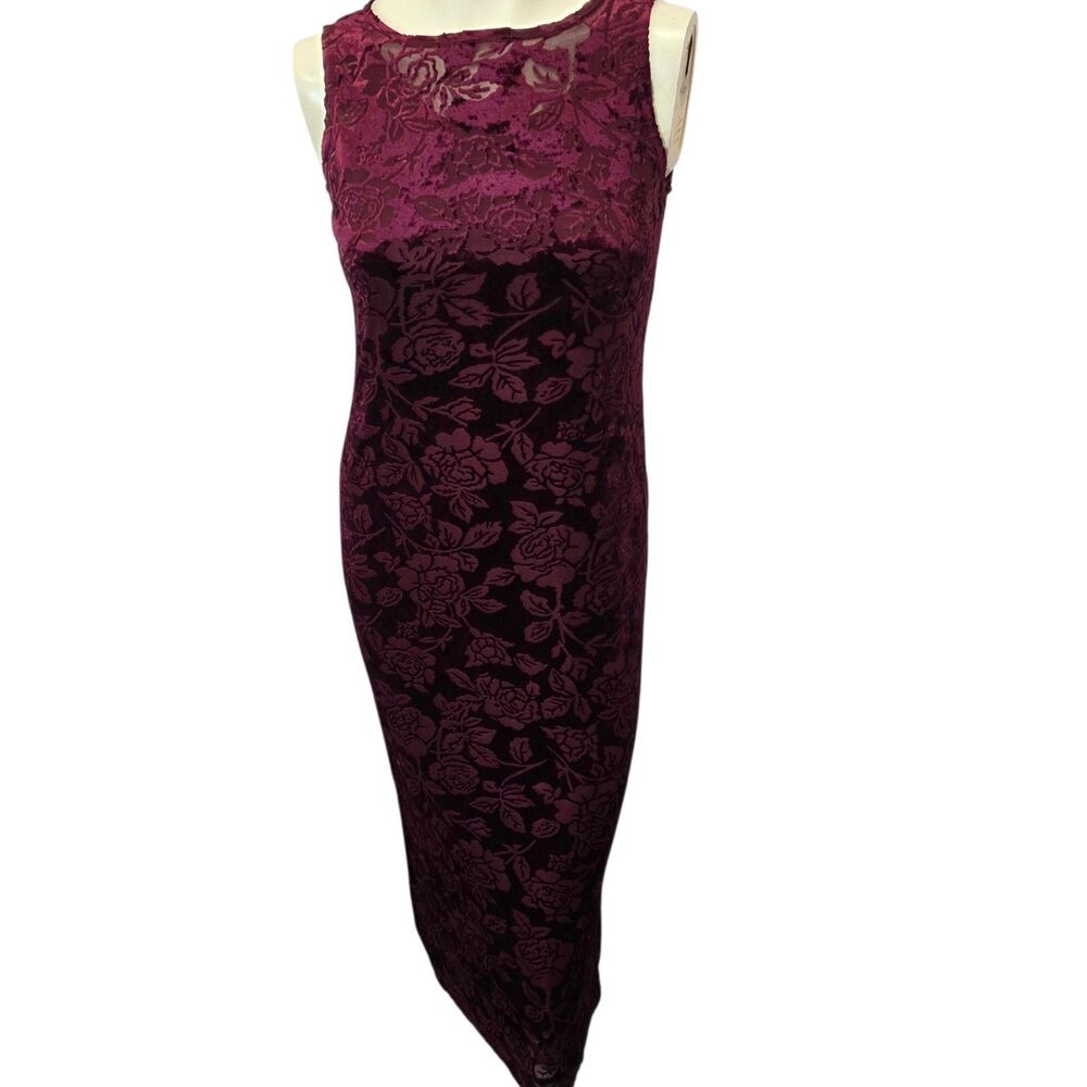 Carole Little Petite 6 Burgundy‎ Burnout Velvet Floral Sheath Midi Dress VTG